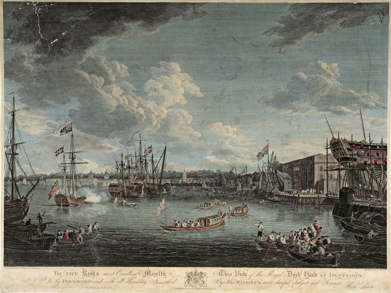 Vista do Royal Dock Yard em Deptford, gravado por William Woollett, publicado em 1º de julho de 1793 (gravura colorida) de Richard Paton