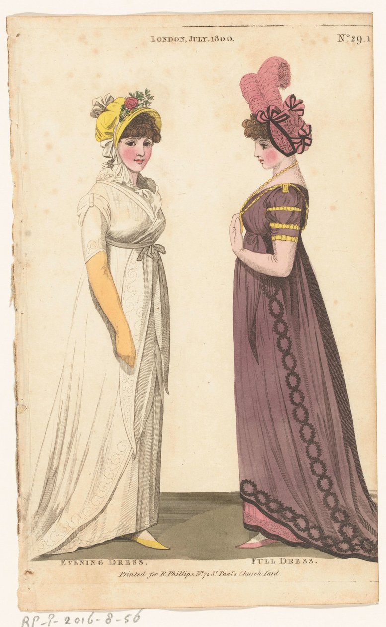 Revista Female Fashions of Female Fashions of London and Paris, No. 29.1: Londres, Julho. 1800: Vestido de noite; Vestido completo de Richard Phillips