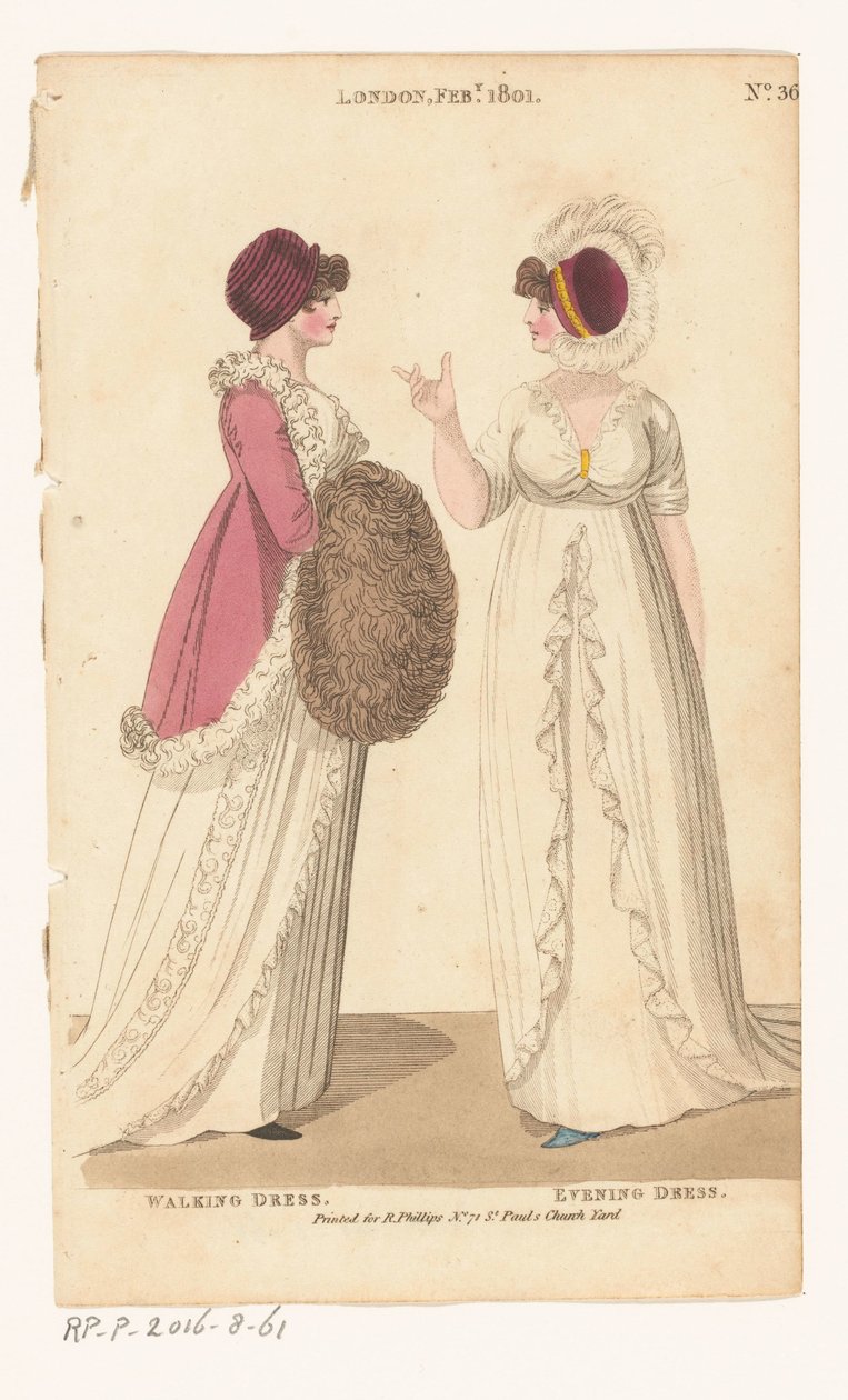 Revista Female Fashions of London and Paris. No. 36. Londres Fev., 1801: Vestido de Caminhada; Vestido de Noite de Richard Phillips