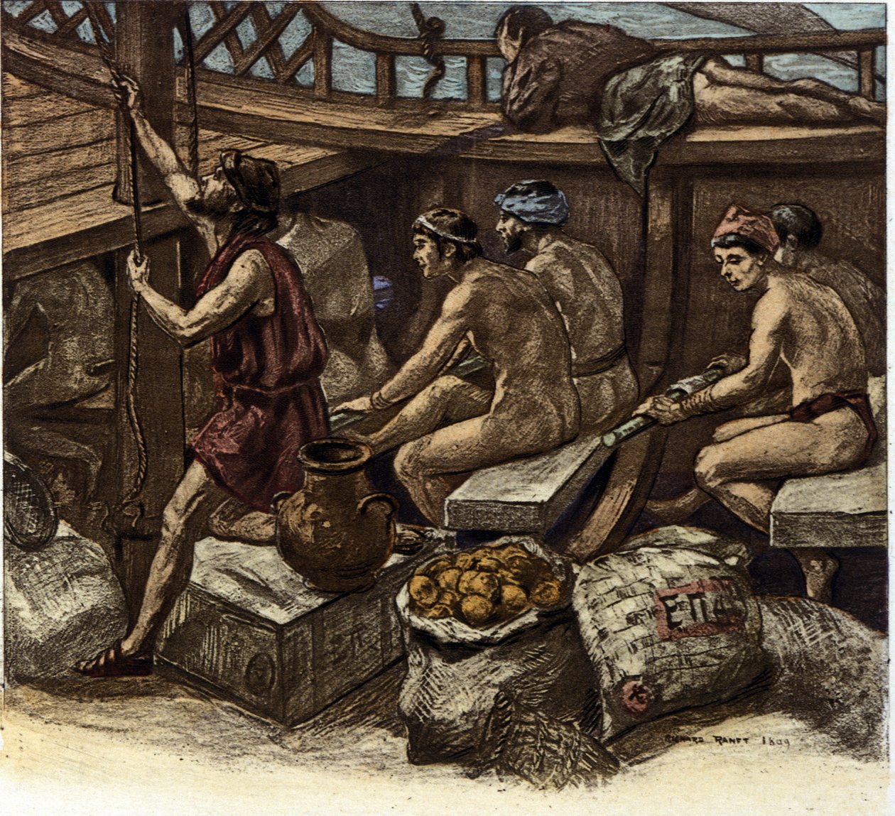 A vida dos galerianos a bordo de uma galé grega em Antiquite. Ilustração de Richard Ranft (1862-1931) 1909 de Richard Ranft