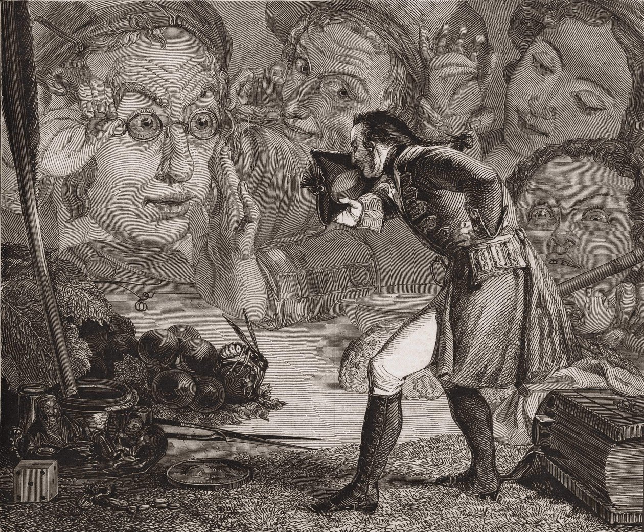 As viagens do Jonathan Swift Gulliver. Gulliver exibiu em uma mesa para a admiração dos habitantes de Brobdingnag. Gravura em Redgrave. de Richard Redgrave