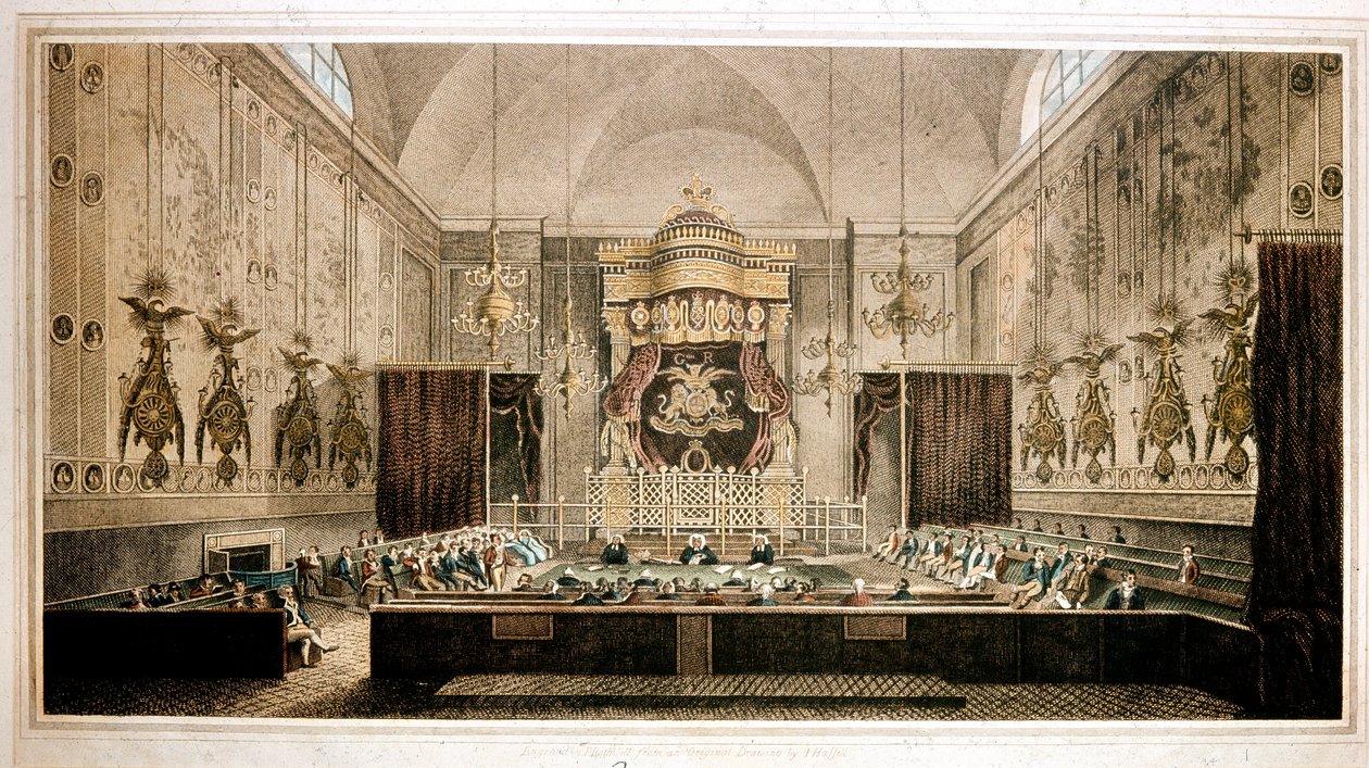 Vista da Câmara dos Lordes, Câmara Alta do Parlamento da Grã-Bretanha. Gravura de Rothwell. Galeria Parker do século XIX, Londres de Richard Rothwell