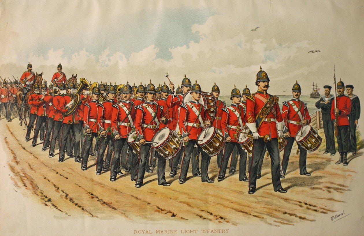 Royal Marine Light Infantil Band liderando uma coluna de homens marchando, 1895 de Richard Simkin