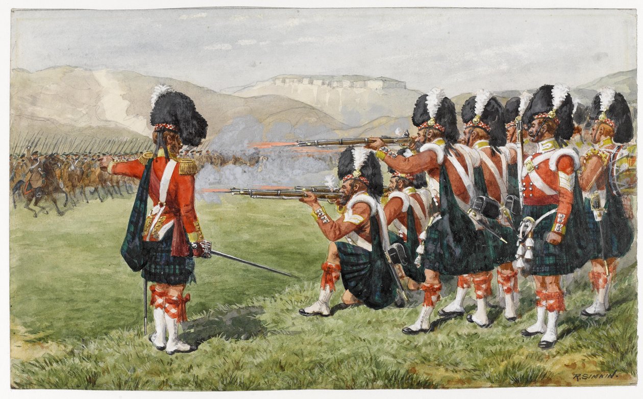 Os 93 Sutherland Highlanders na Batalha de Balaclava 25 de outubro de 1854: The Thin Red Line, 1854 (wc no papel) de Richard Simkin