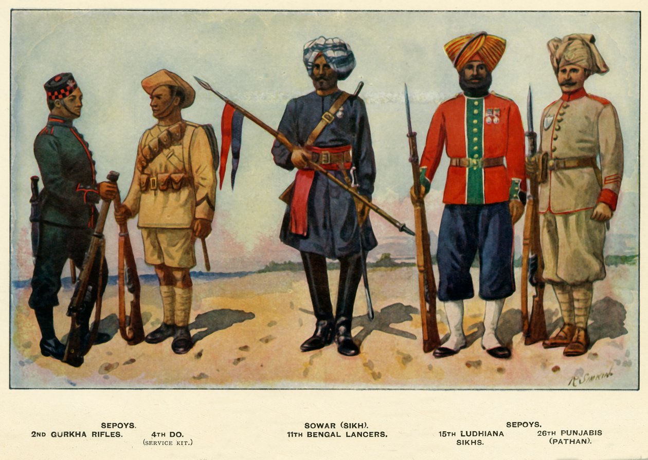 Tipos do exército indiano, 1919. de Richard Simkin