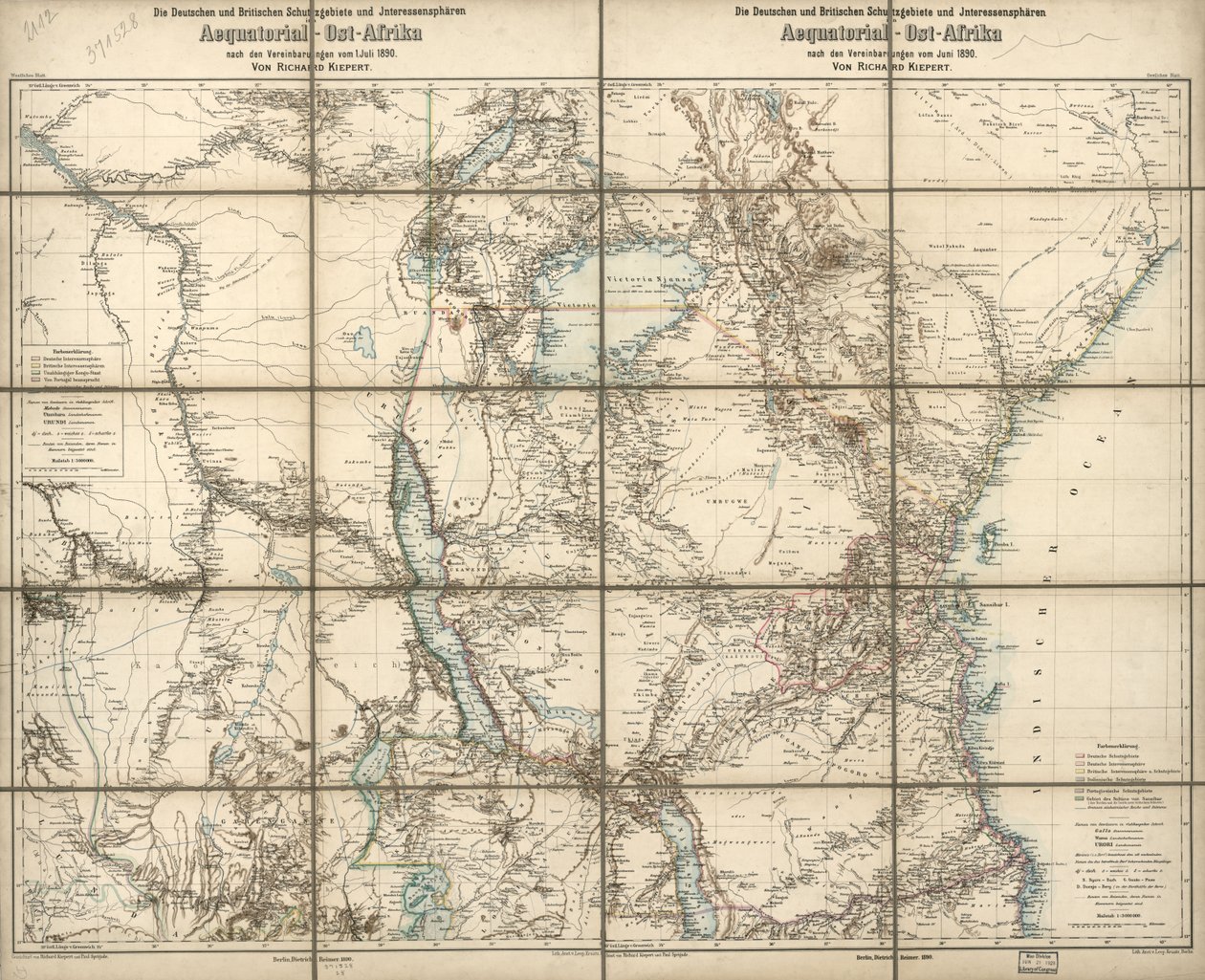 Os protetorados alemães e britânicos e as esferas de interesse na África Oriental Equatorial: sob os acordos de junho de 1890 de Richard; Sprigade Kiepert