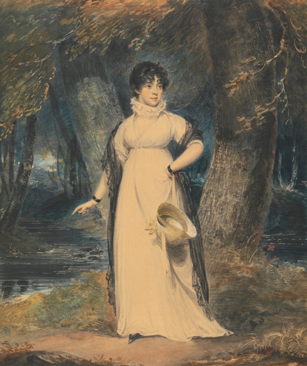 Uma Paisagem com um Retrato de uma Dama, de comprimento total, segurando um chapéu de Richard Westall