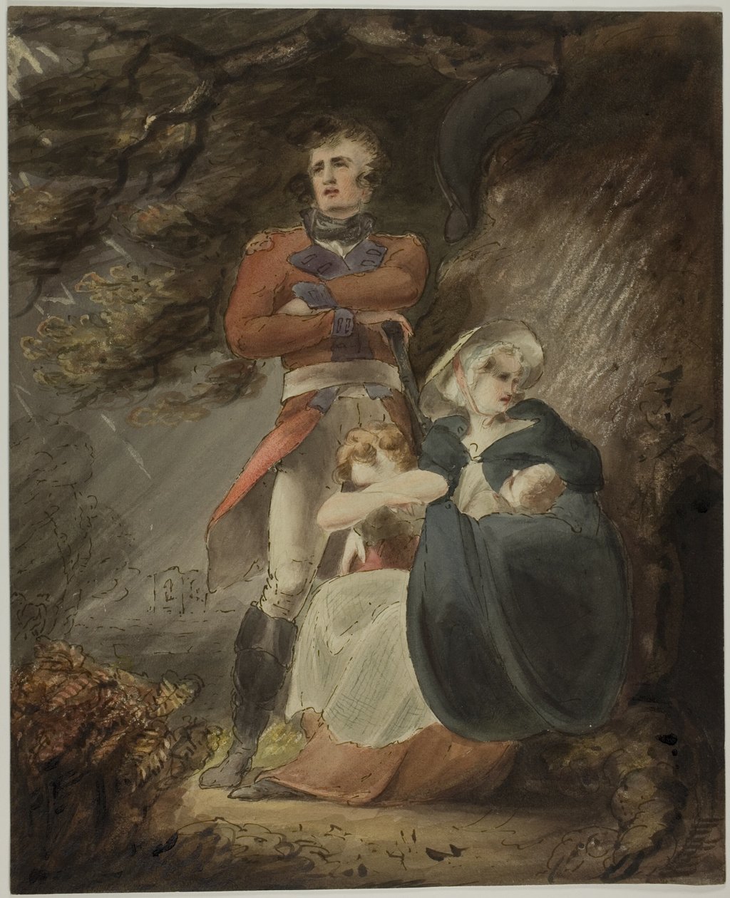 Oficial procurando abrigo com a mulher e os filhos contra uma tempestade (anverso); esboço de um castelo numa colina (verso) de Richard Westall