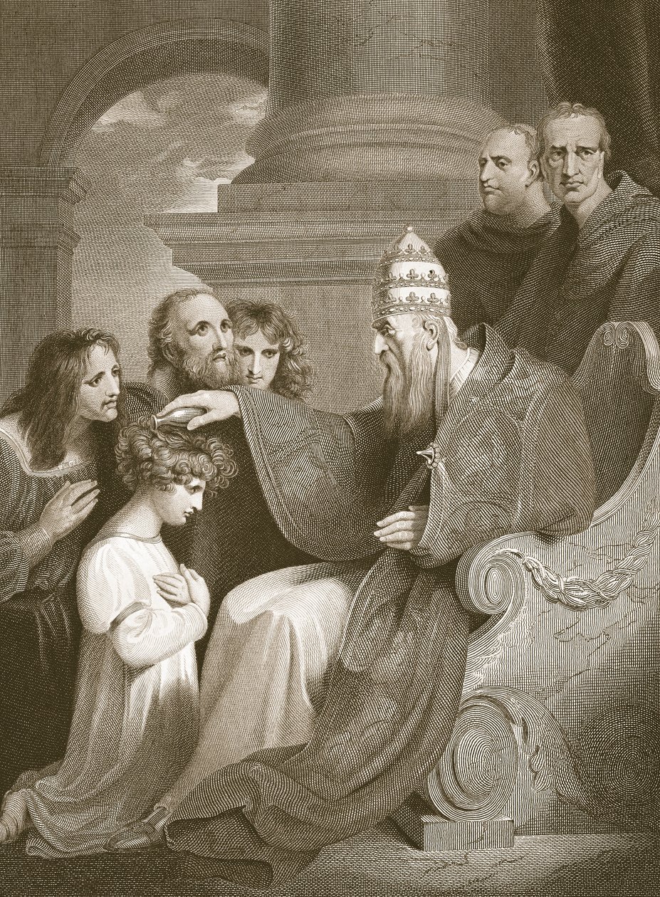 Príncipe Alfred antes do Papa Leão, o III, gravado por J. Stow, ilustração de David Hume "A História da Inglaterra", pub. por R. Bowyer, Londres, 1812 de Richard Westall