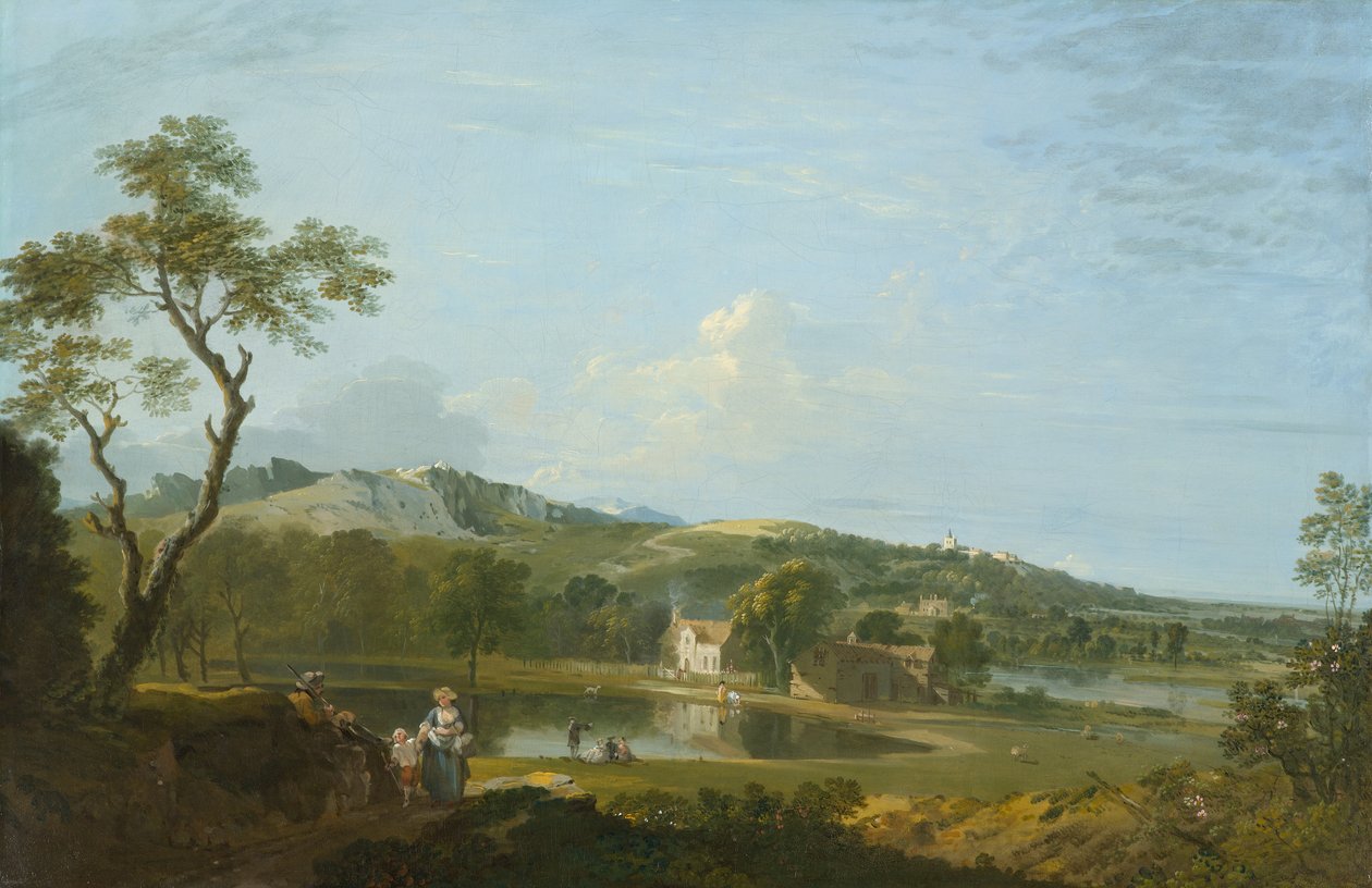 Uma extensa paisagem com chalés perto de um lago, por volta de 1744-1745 (óleo sobre tela) de Richard Wilson