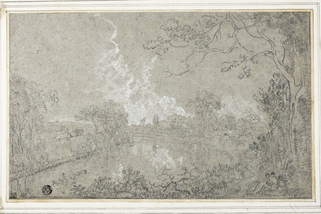 Margens do rio Dee perto de Eaton Hall, Cheshire, c.1759 (giz preto e branco em papel azul, colocado no cartão) de Richard Wilson