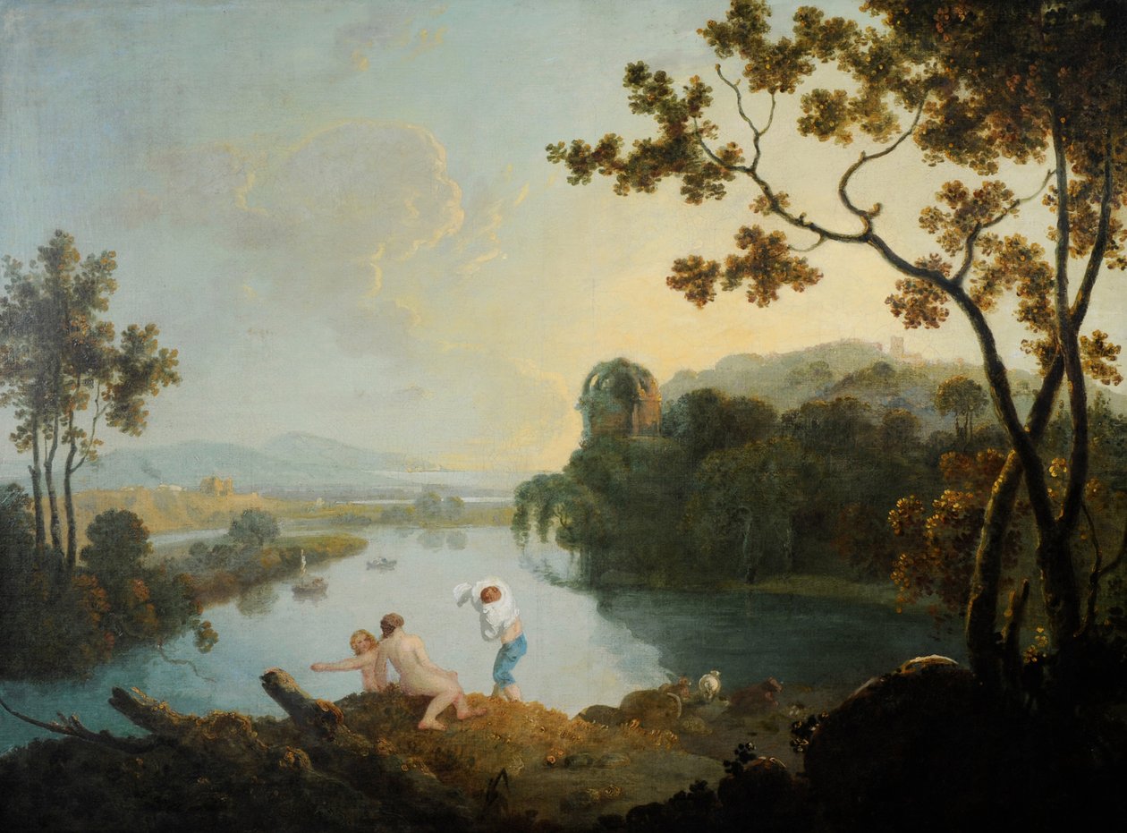 Paisagem clássica com meninos tomando banho (óleo sobre tela) de Richard Wilson