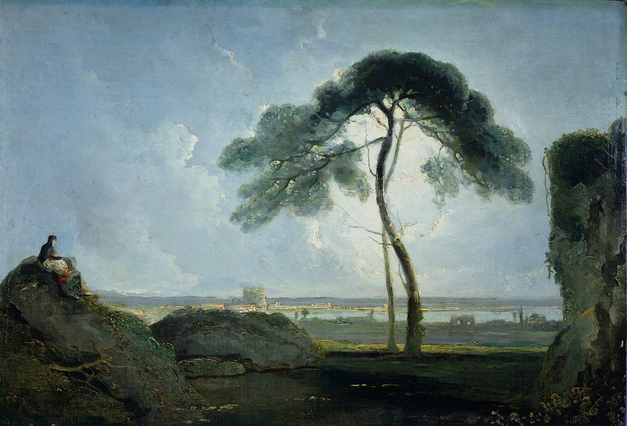 Paisagem italiana com pinheiro-manso (óleo sobre tela em painel de carvalho) de Richard Wilson