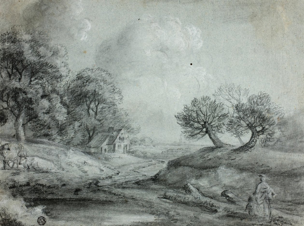 Paisagem com Mulher e Vacas (reto); Esboço de uma paisagem (verso) de Richard Wilson