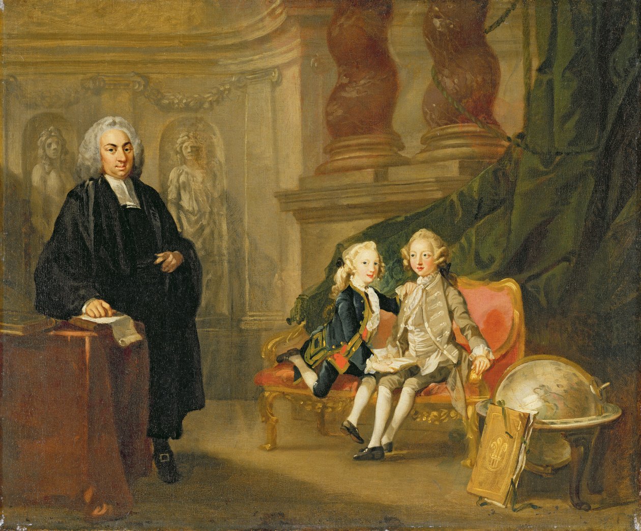 Príncipe George (1738-1820) e Príncipe Edward Augustus (1739-67) Filhos de Frederico (1707-51) Príncipe de Gales, com seu tutor Dr Francis Ayscough, c.1748-49 (óleo sobre tela) de Richard Wilson