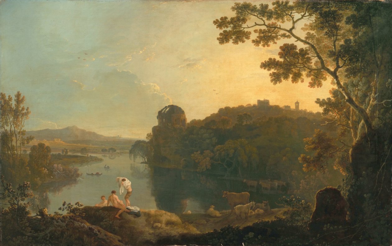 Cena do rio: banhistas e gado, c.1763-65 (óleo sobre tela) de Richard Wilson