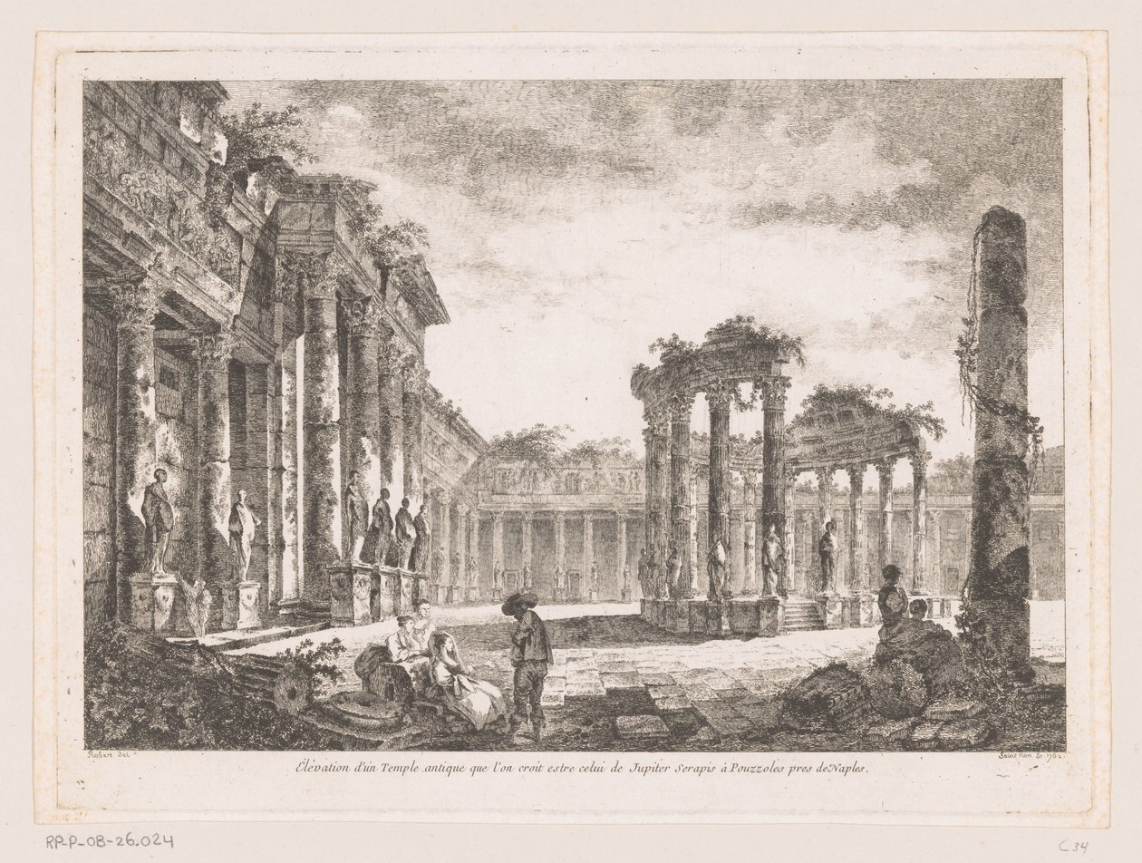 Gezicht op de Tempel van Jupiter Serapis
Elevação de um antigo templo que se crê ser o de Júpiter Serapis em Pozzuoli perto de Nápoles (título sobre o objecto) de Richard de Saint Non