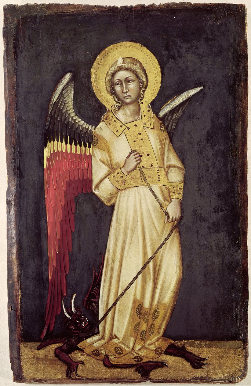 Um anjo com um demônio em uma corrente (tempera no painel) de Ridolfo di Arpo Guariento