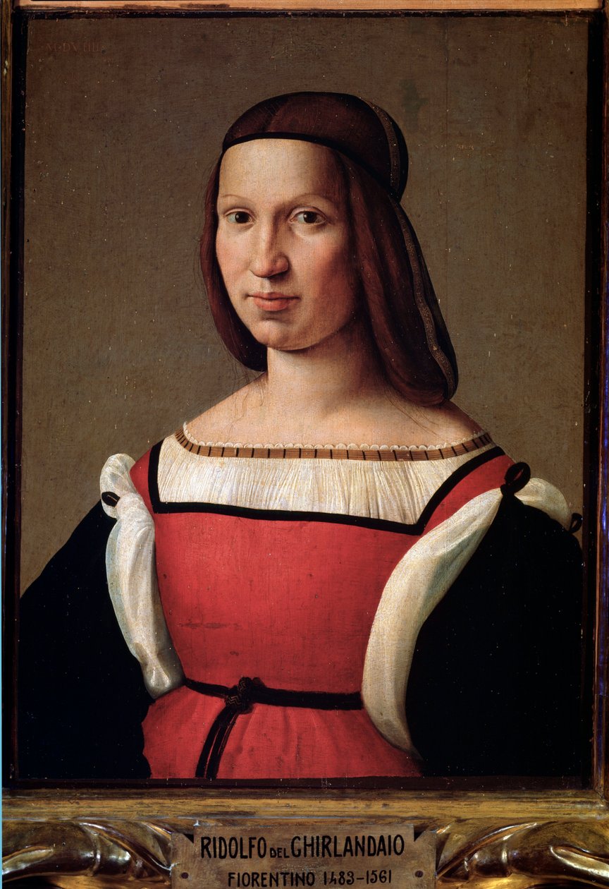 Retrato de uma senhora das classes mais baixas num vestido vermelho com mangas bufantes (Pintura de Ridolfo Il  Ghirlandaio