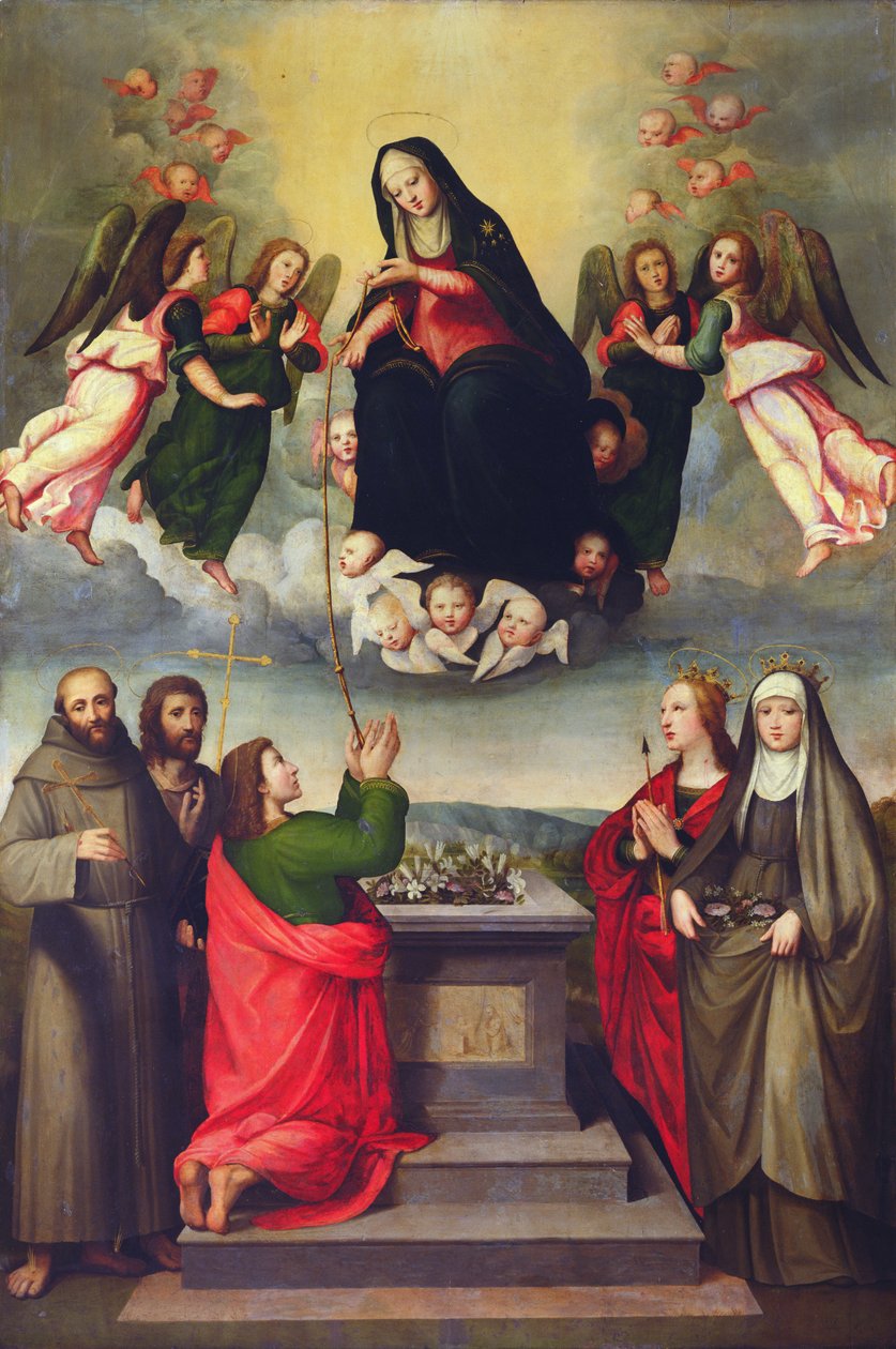 A Virgem do Cinturão Sagrado com SS. Thomas, Francis, John the Baptist, Ursula e Elizabeth da Hungria de Ridolfo , Il Ghirlandaio