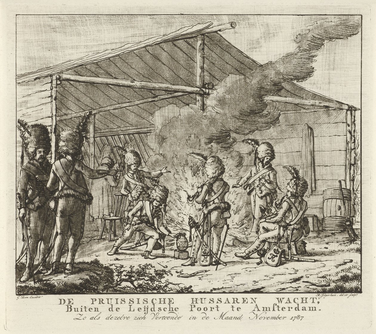 A guarda hussarista prussiana no Leidse Poort em Amesterdão, 1787
O guarda prussiano hussardos, Fora do Leijdsche Poort em Amesterdão (...) (título sobre o objecto) de Rienk Jelgerhuis