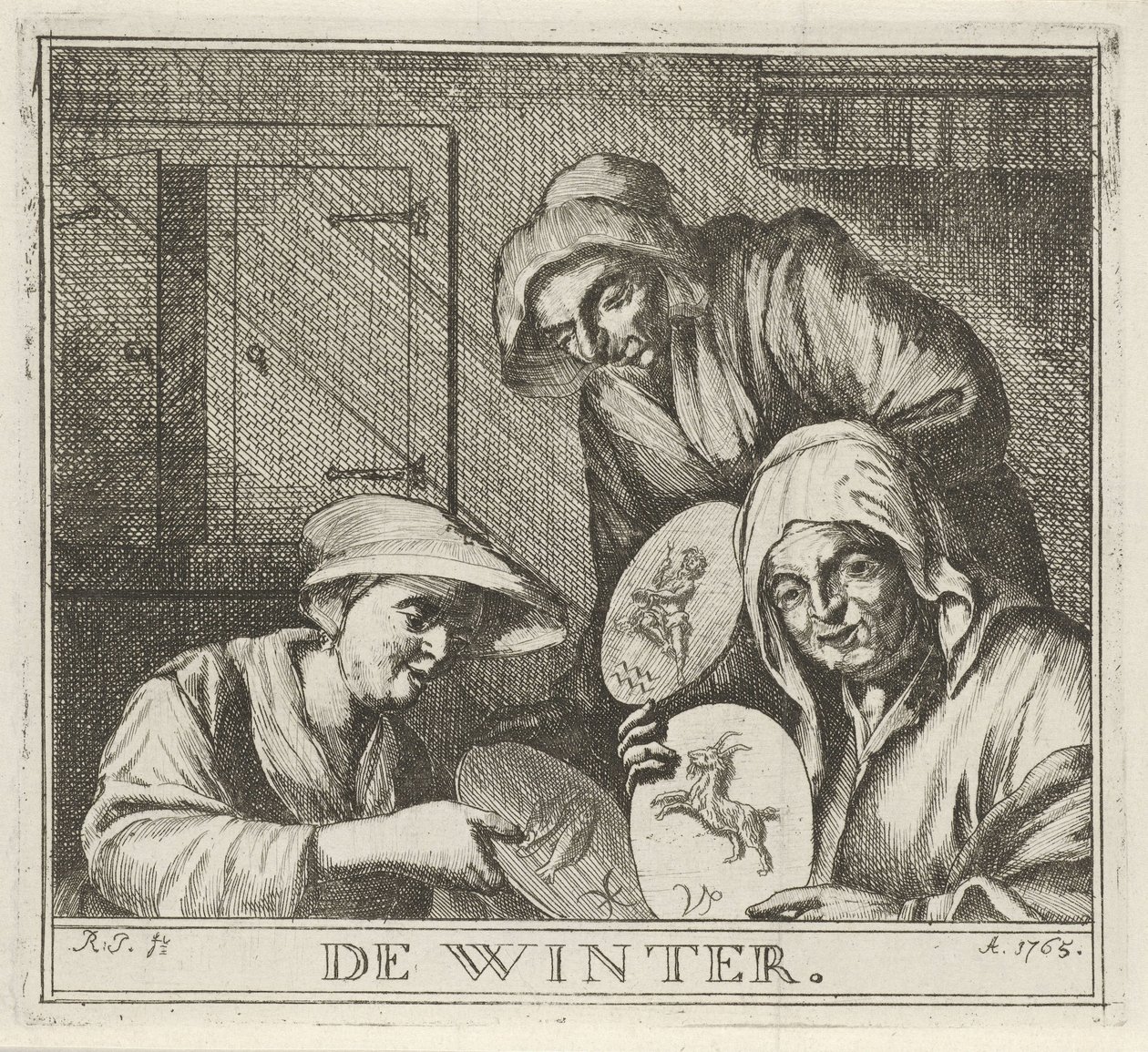 Interior com três mulheres camponesas O inverno. (título da série no objeto) Cenas de inverno (título da série) de Rienk Jelgerhuis