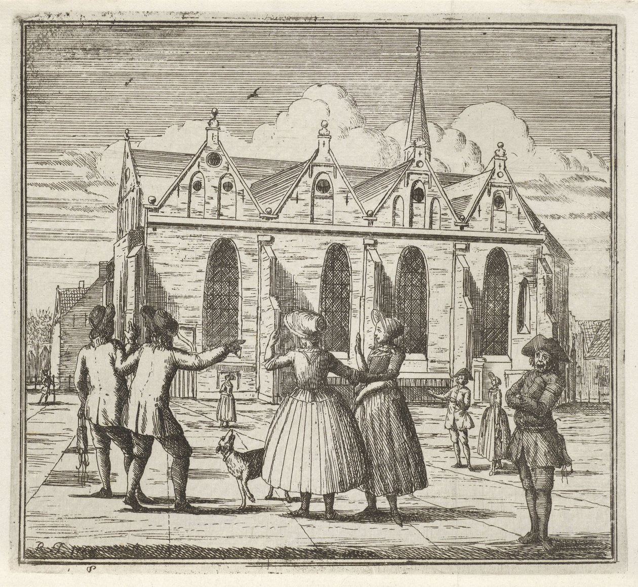 Homens e mulheres em uma praça perto do Grote Kerk em Leeuwarden O inverno. (título da série) Cenas de inverno (título da série) de Rienk Jelgerhuis