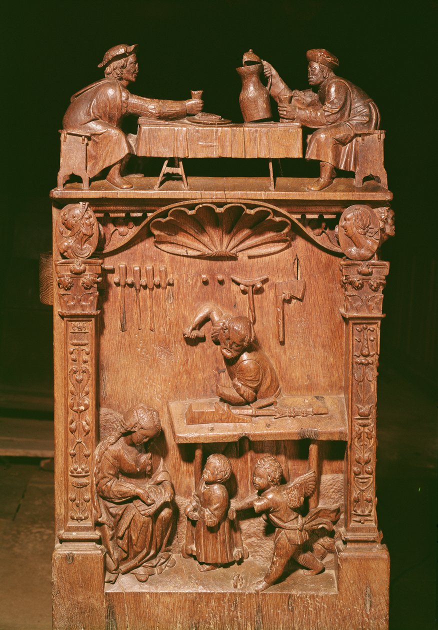 Barracas de Coro representando (acima) os Irmãos Rigoley e (abaixo) a oficina em Nazaré, 1526 (madeira) de Rigoley Brothers