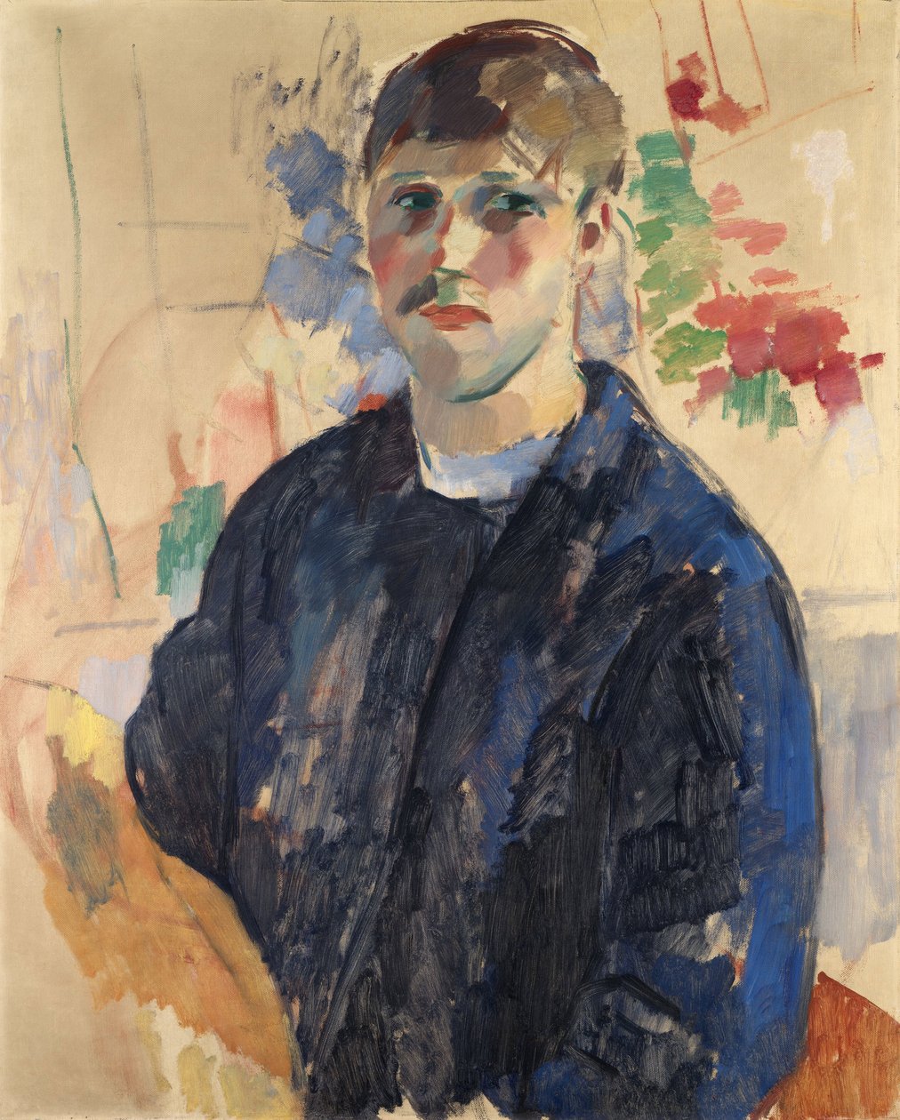 Autoportrait avec une blouse bleue - Auto-retrato com blusa azul, por Wouters, Rik (1882-1916). Óleo sobre tela de Rik Wouters