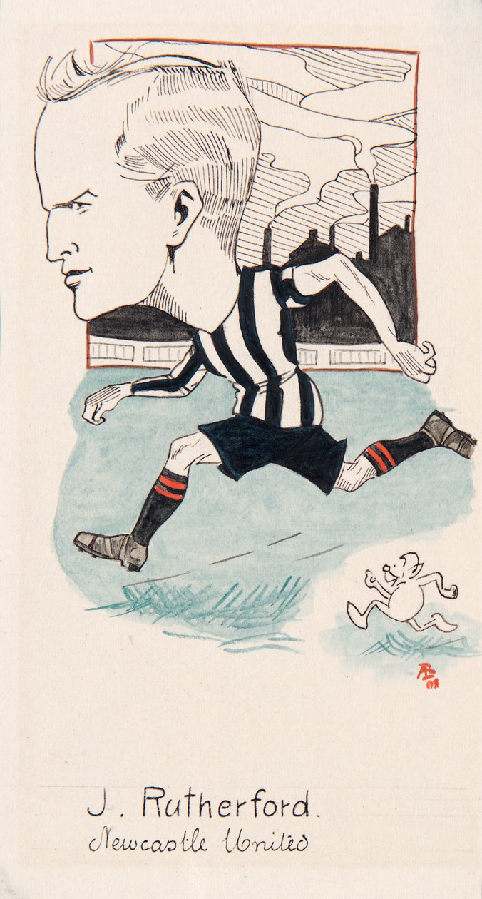 Jock Rutherford, Newcastle United, desenhando para um conjunto de cartões de cigarro, 1907 (caneta e tinta no cartão) de Rip