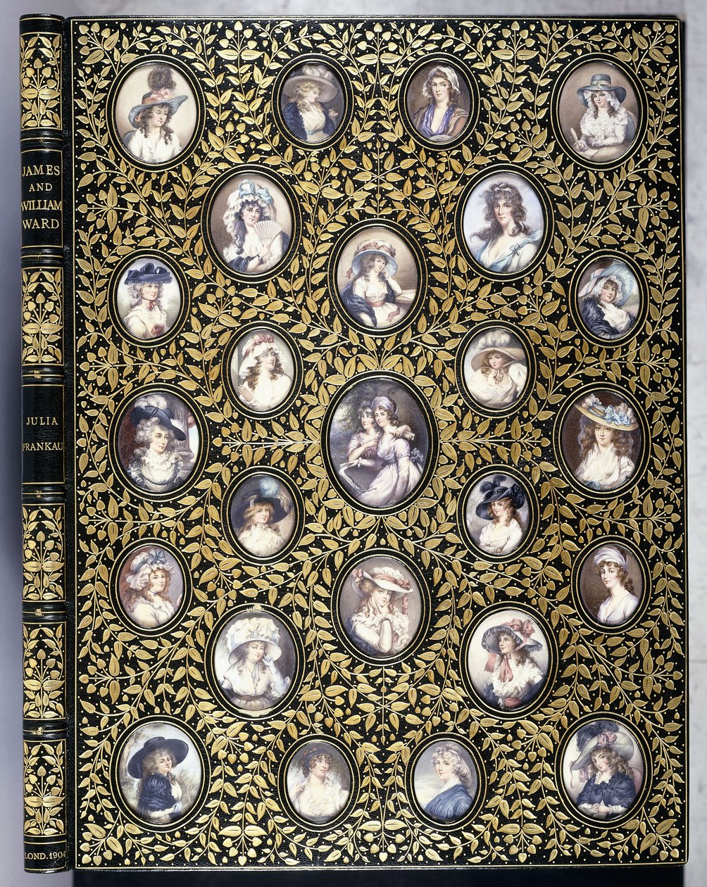 Uma capa de livro com 25 miniaturas de retratos de mulheres bonitas, segundo as &39;Gravações de Retratos de Artistas Famosos&39; de Ward de Riviere and Son