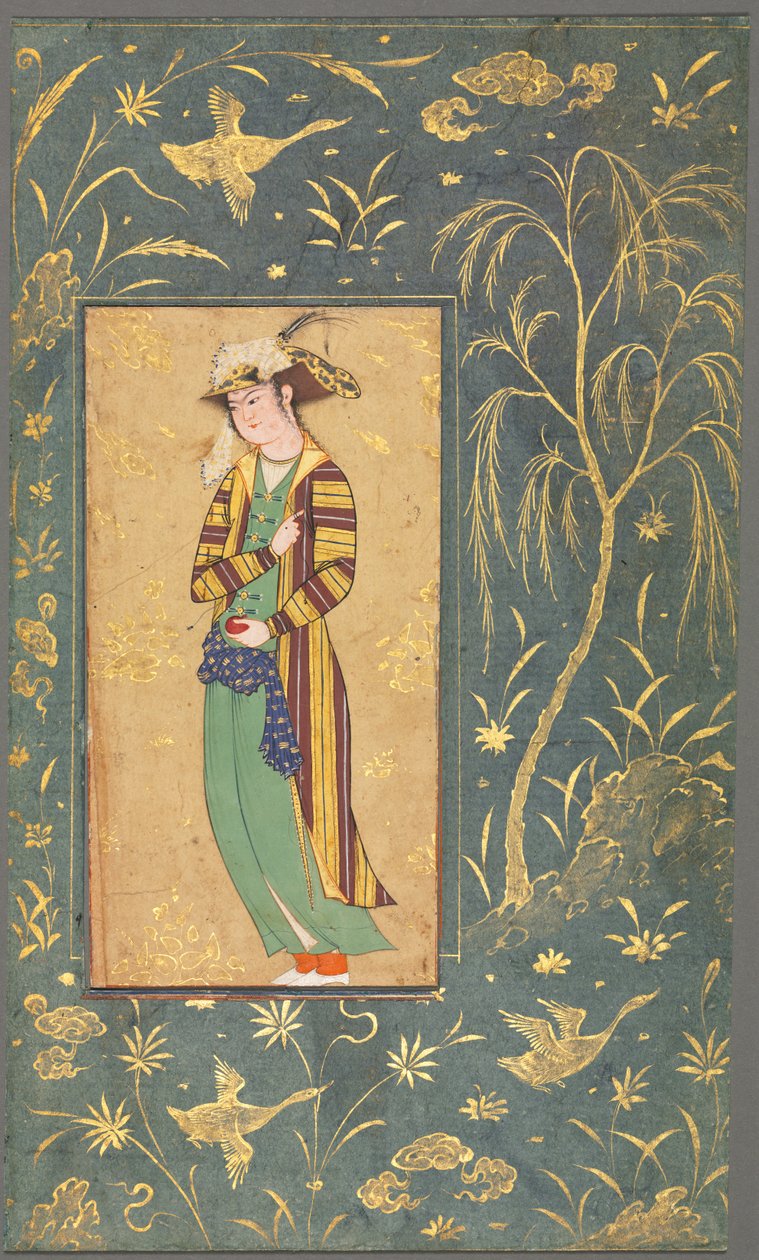 Juventude segurando uma romã, ilustração de um único manuscrito de página, c.1600-1650. de Riza yi Abbasi