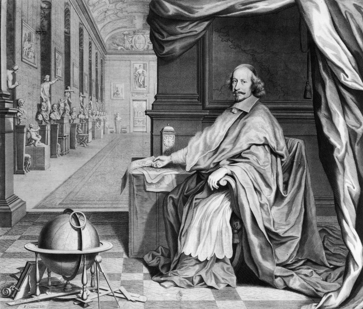 Retrato do Cardeal Mazarino (1602-61) em seu palácio, c.1658-60 de Robert Nanteuil