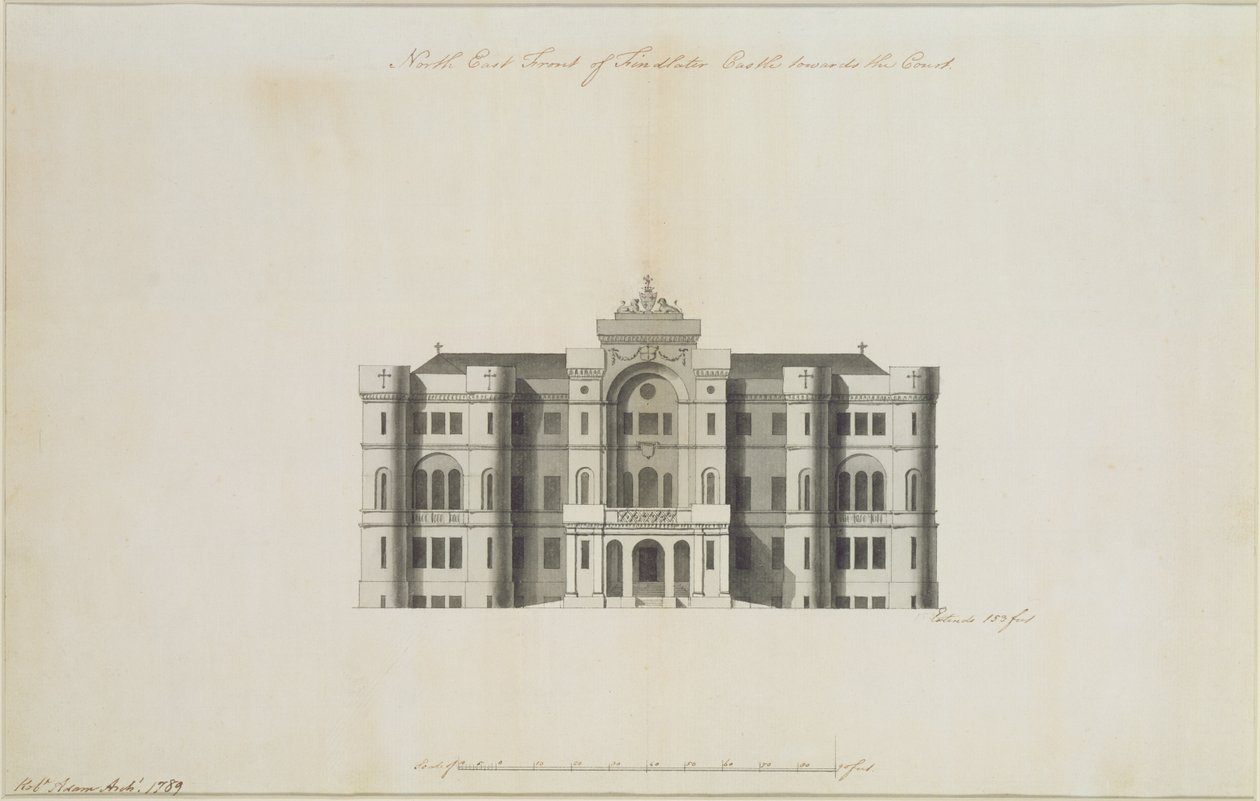 Um desenho Inexplorado para a Frente do Leste Norte do Castelo de Findlater, para o Conde de Seafield, 1789 (tinta e tinta no papel) (ver também 273035) de Robert Adam