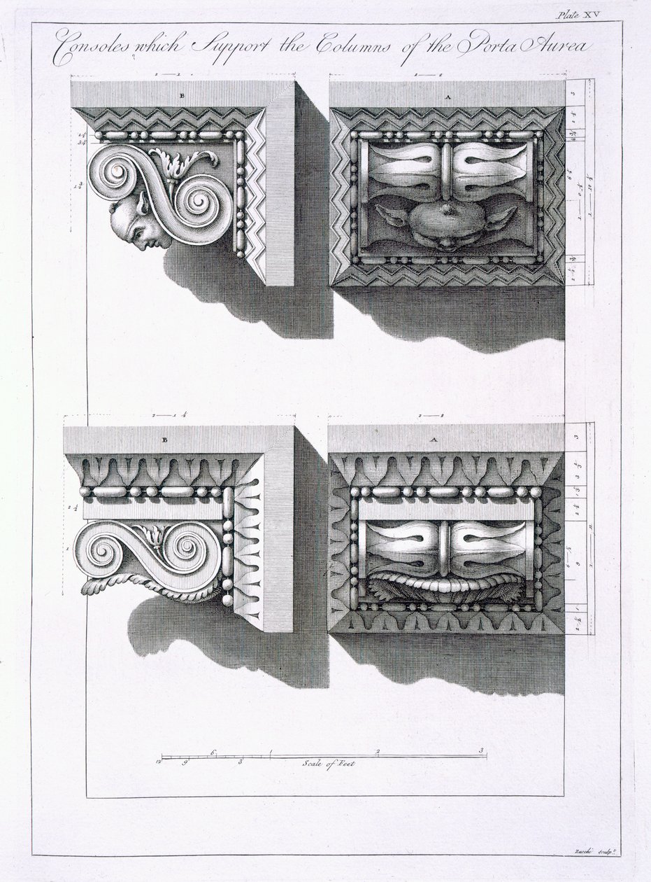 Consolas que suportam colunas da Porta Aurea, de "Ruínas do Palácio do Imperador Diocleciano em Spalatro na Dalmácia", publicado em 1764 de Robert Adam