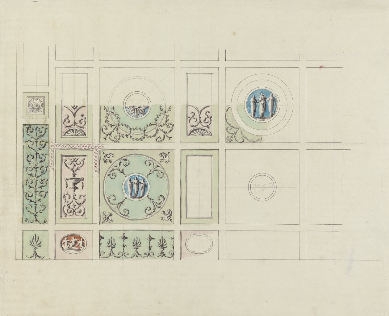 Projeto para o teto do salão de alimentação, Headfort House (wc, lavagem cinza e caneta e tinta preta sobre grafite sobre papel) de Robert Adam