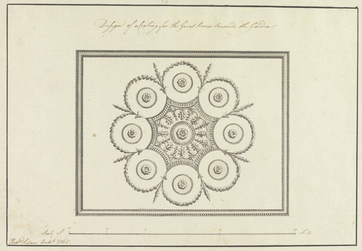 Projeto para o teto da Grande Sala, Langford House, 1765 (caneta, tinta preta e marrom com tinta cinza sobre papel) de Robert Adam