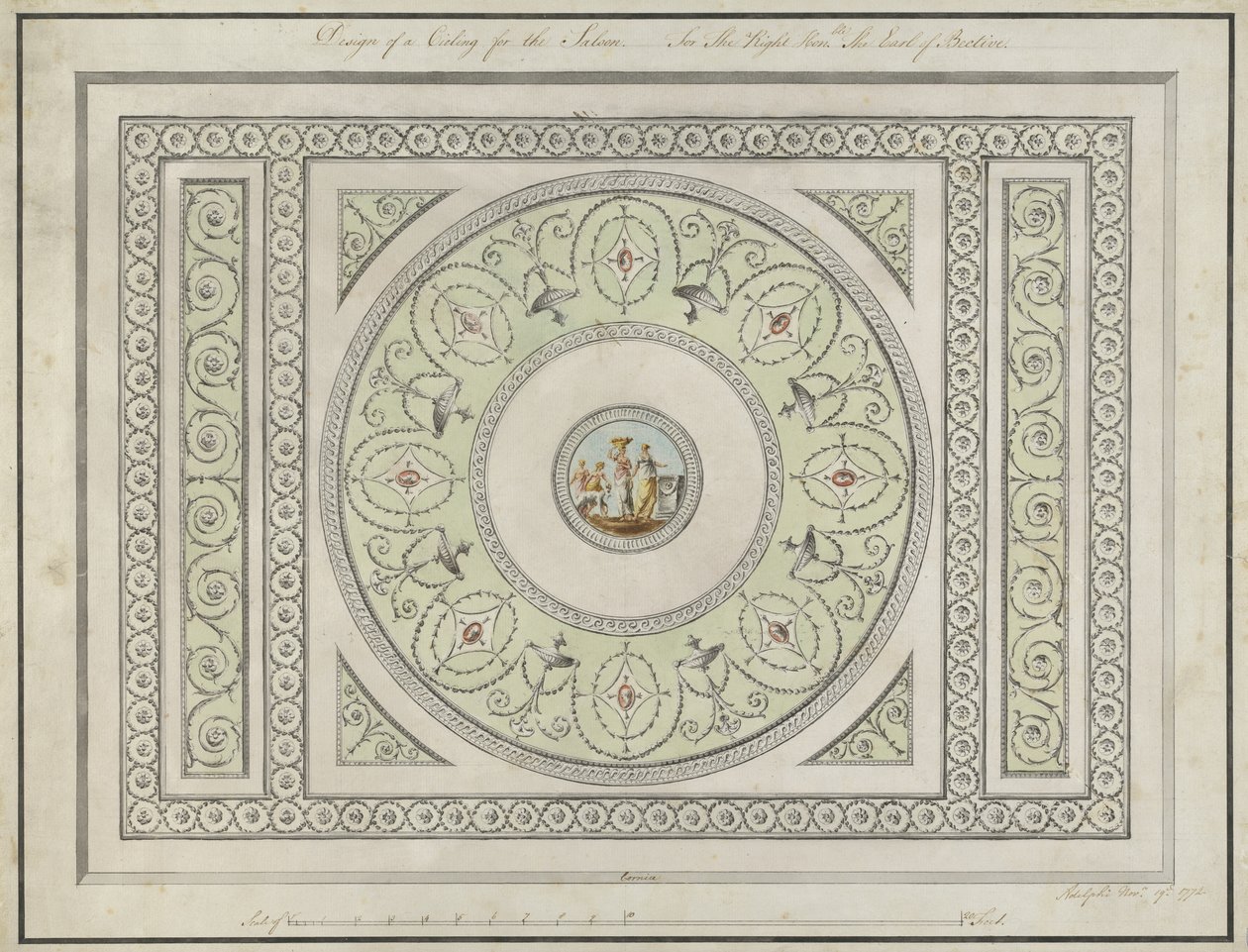 Design para o teto do salão, Headfort House, 1772 (caneta, tinta preta e marrom e wc sobre papel) de Robert Adam