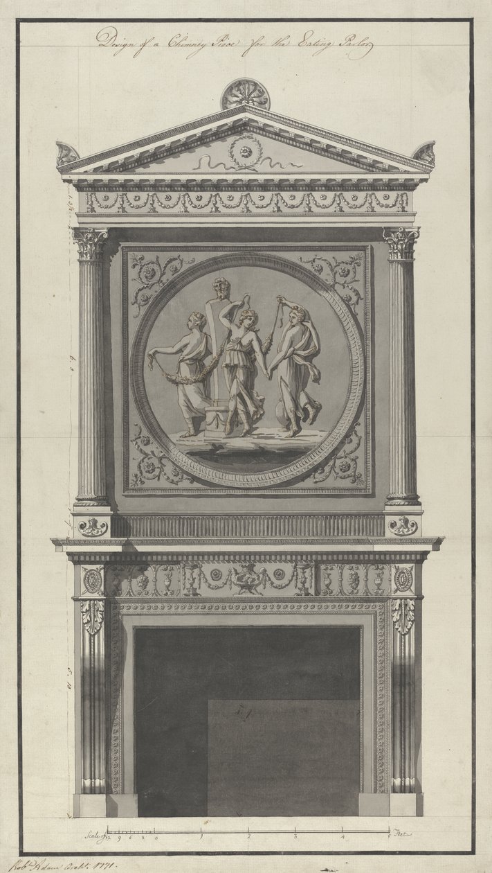 Casa do Headfort. Comer Parlor, Peça de chaminé, 1771 (caneta e tinta e lavar no papel) de Robert Adam