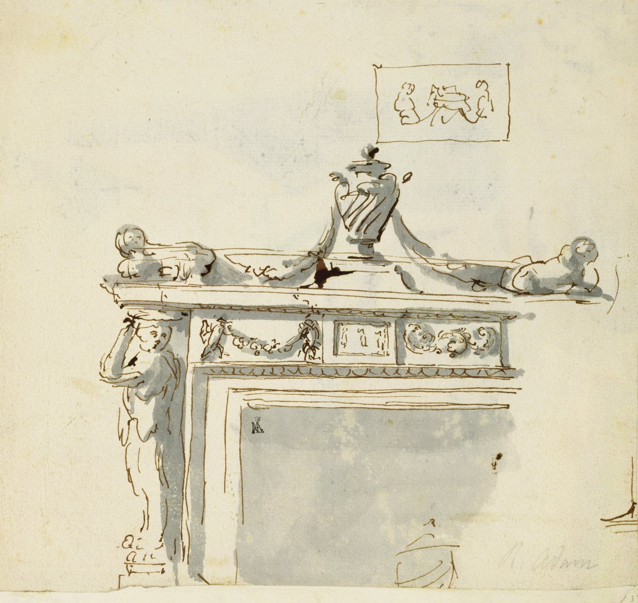 Projeto esboçado para uma lareira (caneta e tinta e lavagem) de Robert Adam