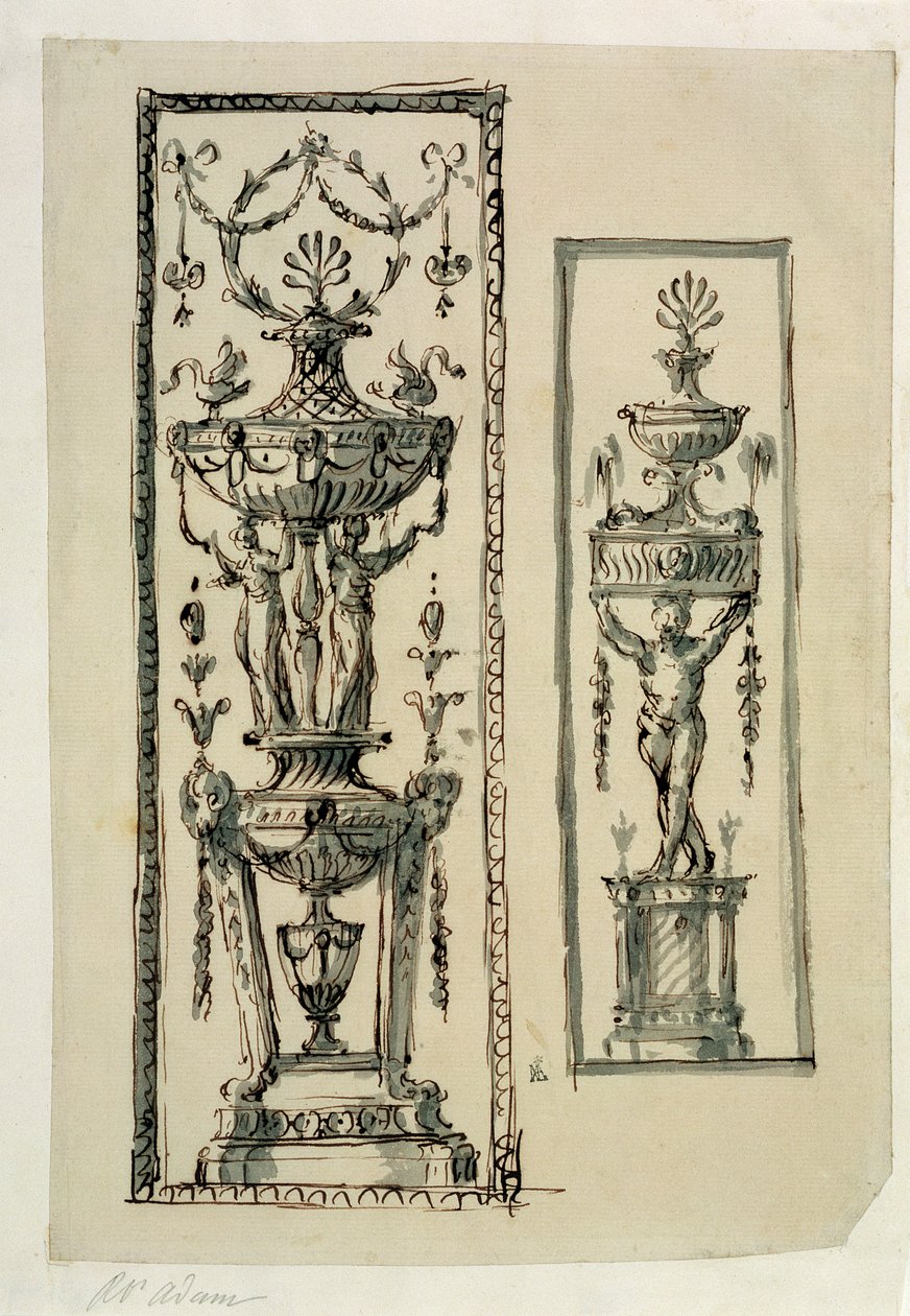 Projetos esboçados para painéis ornamentados (caneta e tinta e lavagem) de Robert Adam
