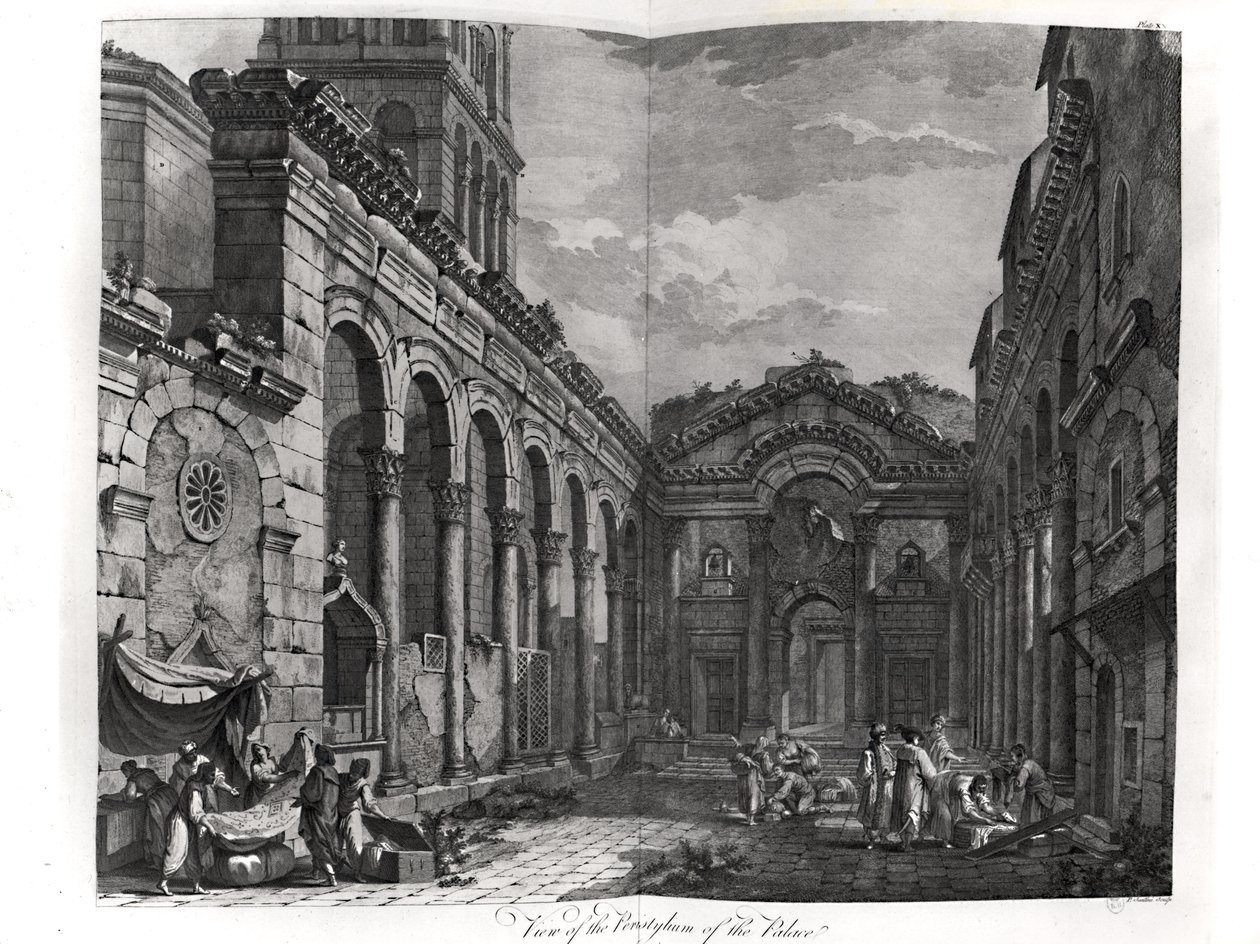 Vista do peristilo do palácio de Diocleciano (245-313), imperador romano 284-305, em Split, na costa da Dalmácia, gravada por P. Santini, 1768 de Robert Adam