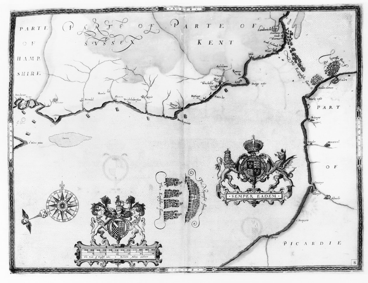 Mapa No.8 mostrando a rota da frota da Armada, gravada por Augustine Ryther, 1588 de Robert Adams