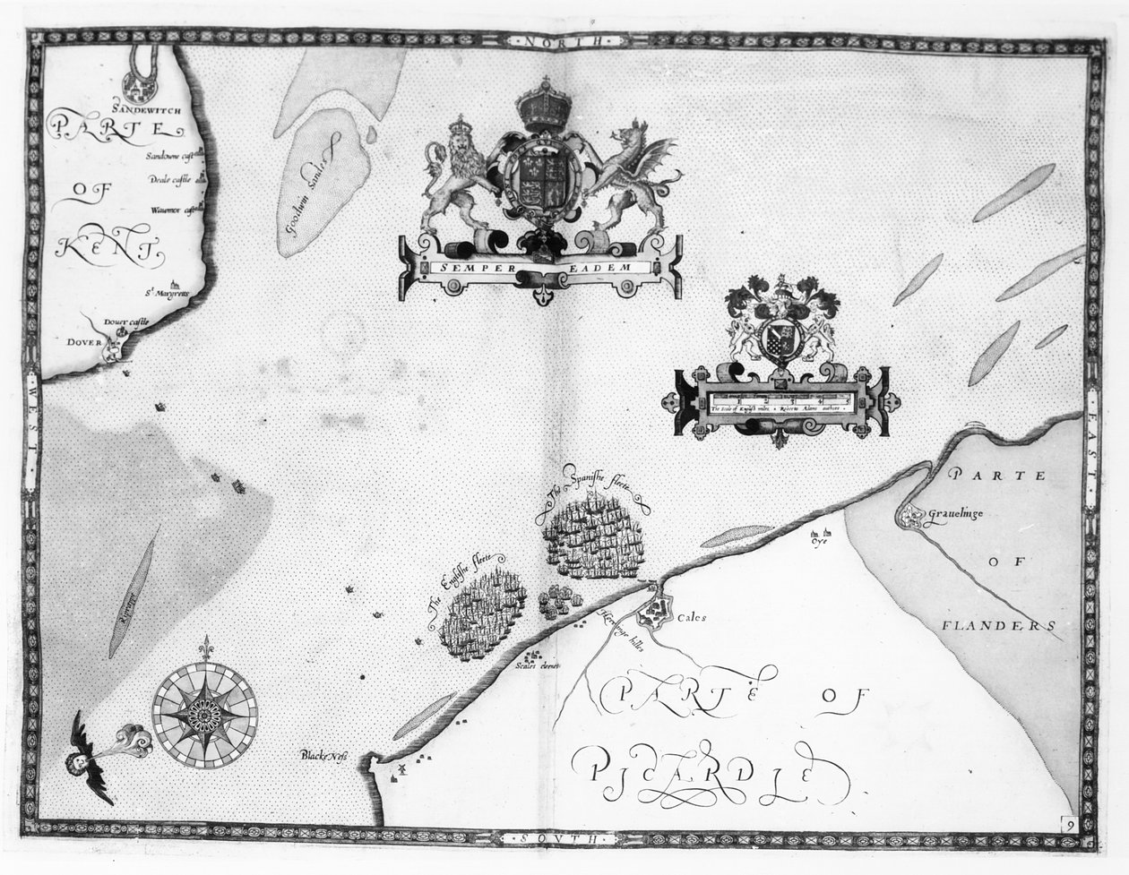 Mapa No.9 mostrando a rota da frota da Armada, gravada por Augustine Ryther, 1588 de Robert Adams