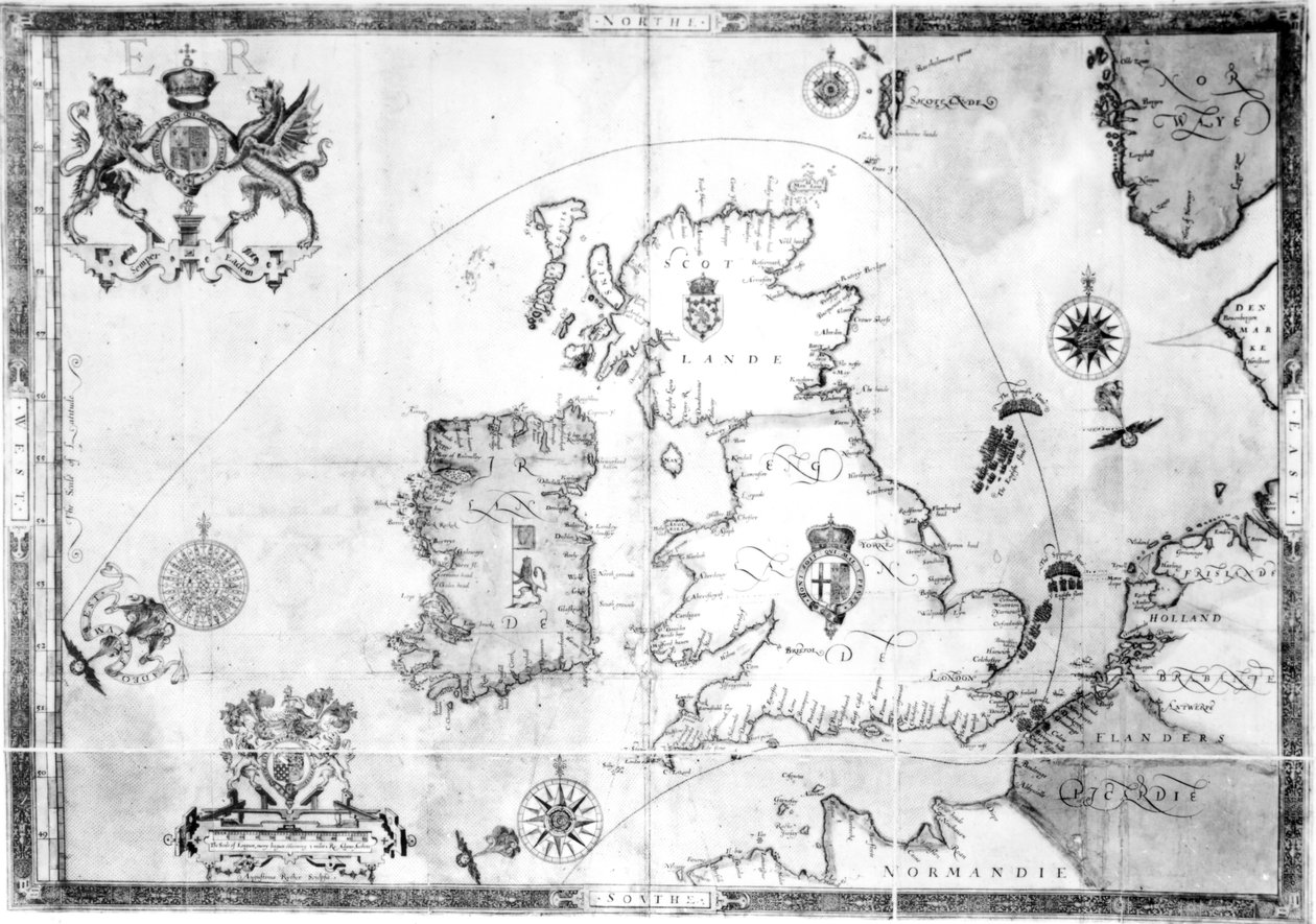 Mapa mostrando a rota da frota da Armada, gravada por Augustine Ryther, 1588 de Robert Adams