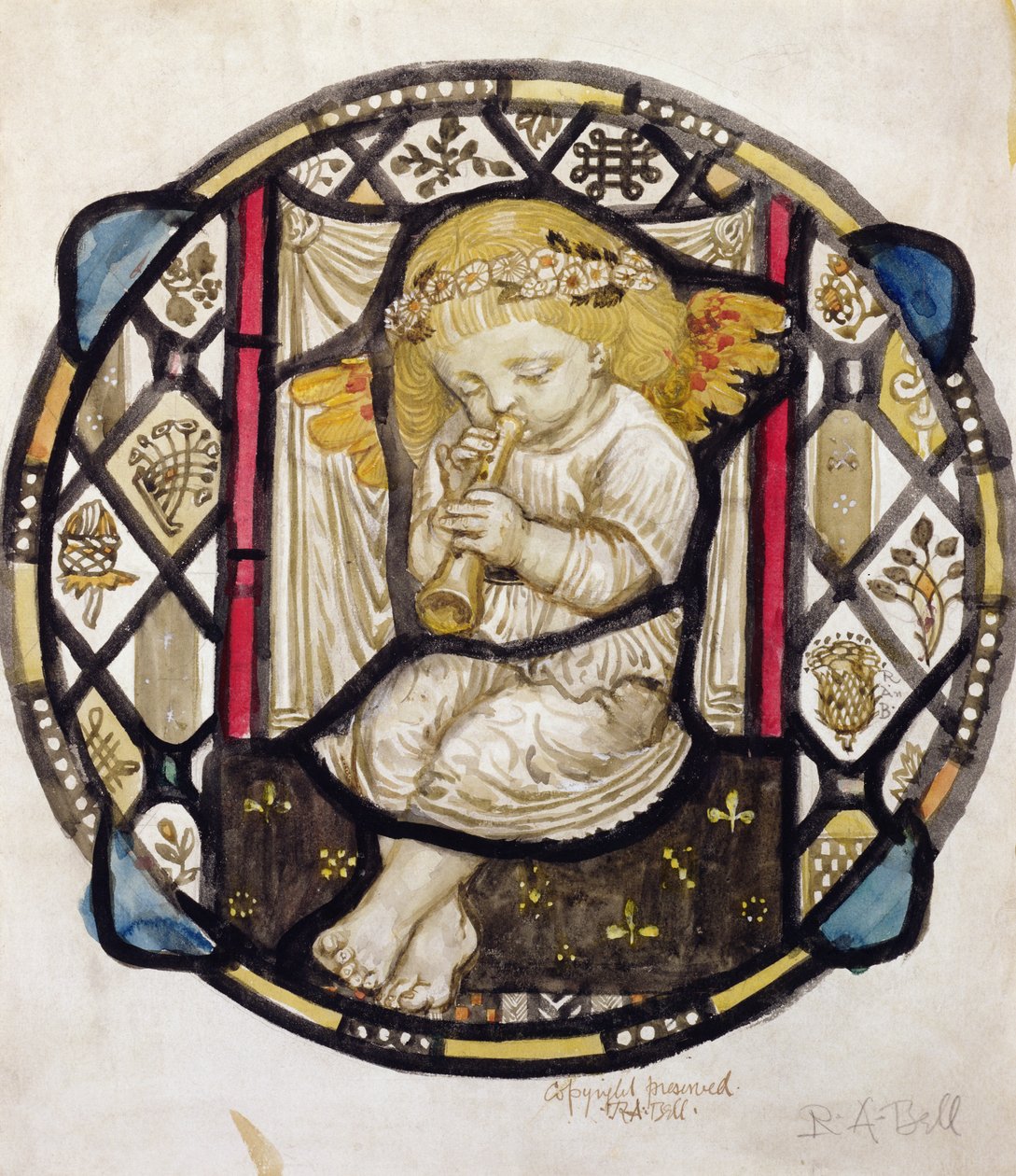 Design de vitrais de Putto tocando flauta de Robert Anning Bell