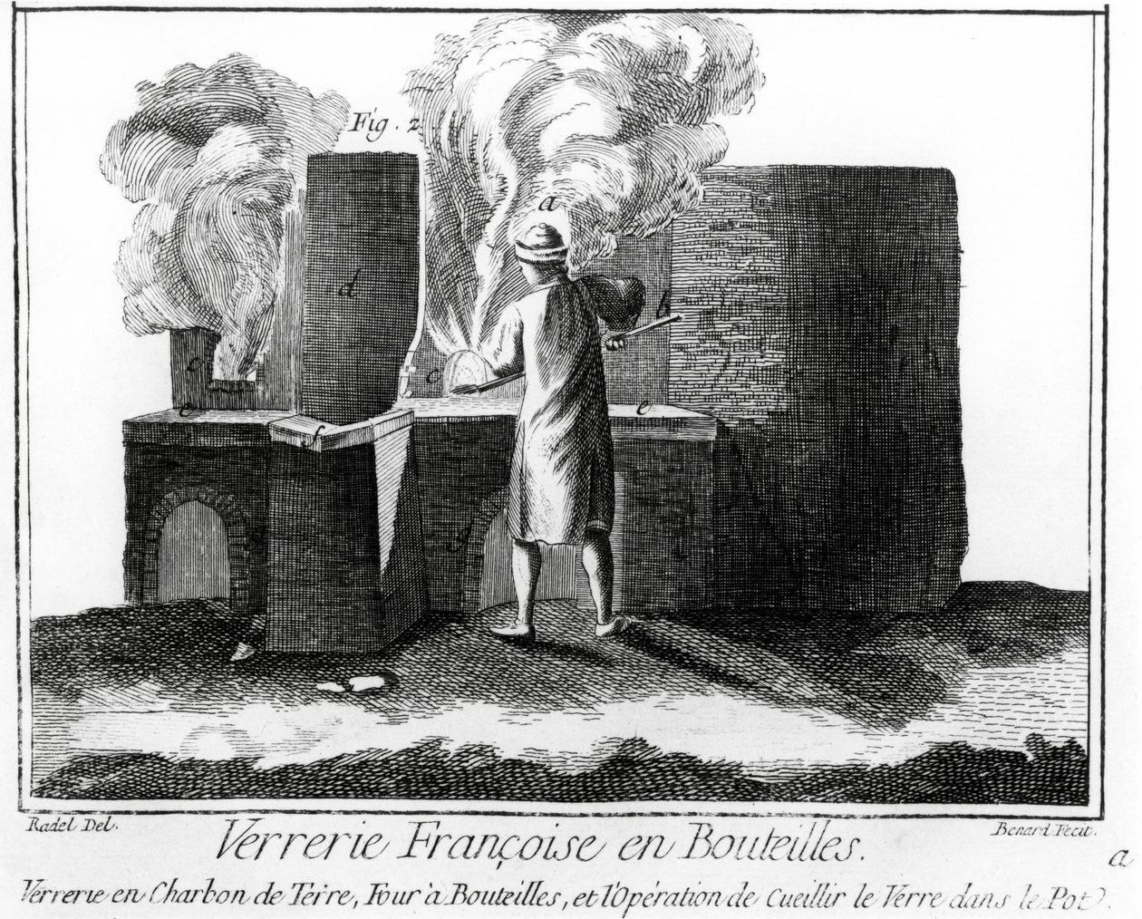 Oficina de fabricação de vidro, da Enciclopédia de Denis Diderot (1713-84) de Robert Benard