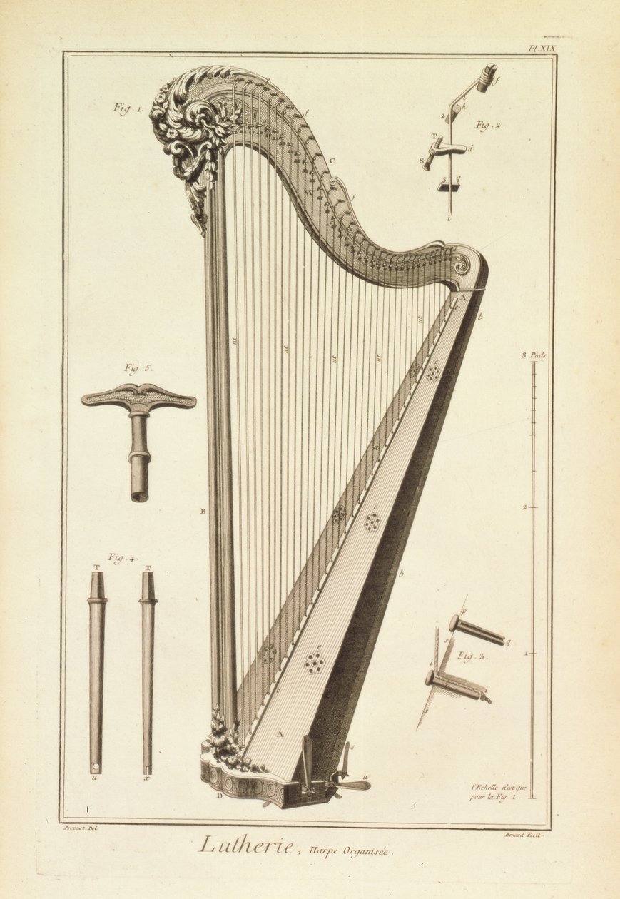 Placa XIX: Uma harpa da Enciclopédia de Denis Diderot (1713-84) e Jean le Rond d&39;Alembert (1717-83), 1751-1772 de Robert Benard