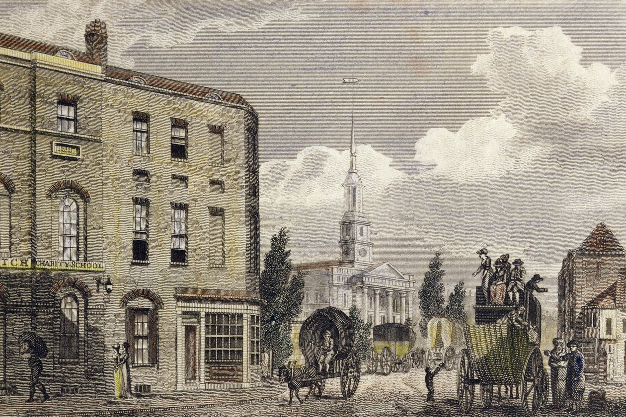 Entrada para Londres na Igreja de Shoreditch, 1810 (gravura a cores) de Robert Blemell Schnebbelie