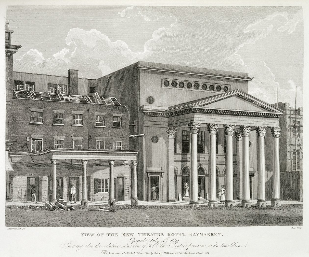 Vista do novo teatro Royal, Haymarket, em Londres, inaugurado em 4 de julho de 1821, mostrando também a situação relativa do antigo teatro anterior à sua demolição, gravada por Dale, 1822 de Robert Blemell after Schnebbelie